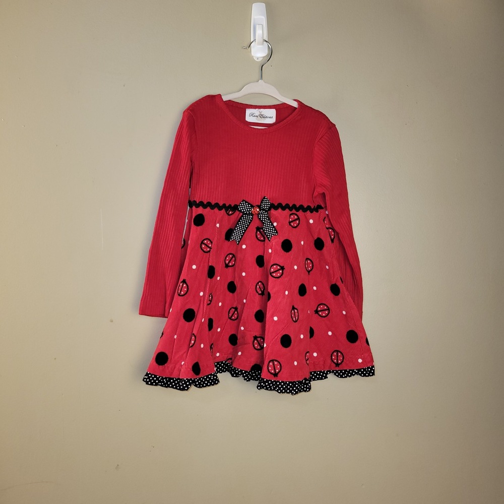 Rare Editions Girls‎ Red Ladybug Corduroy Dress Size 5 Long Sleeve Polka Dot Bow